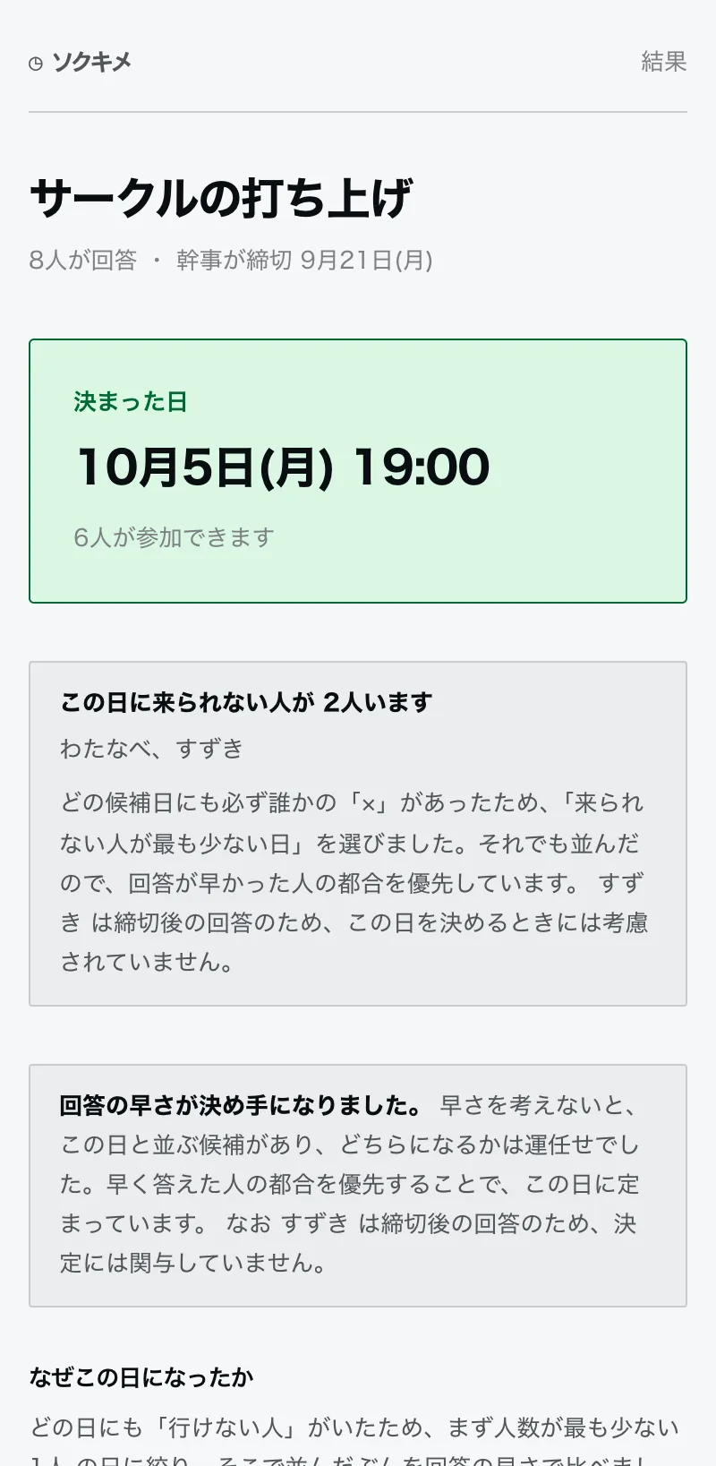 結果画面。決まった日と、各候補がどこで落ちたかの計算過程